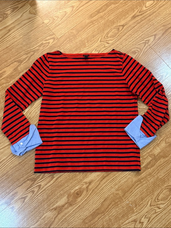 J. Crew Sweaters - J. Crew Red and Black Striped Long-Sleeve Top with Chambray Cuffs